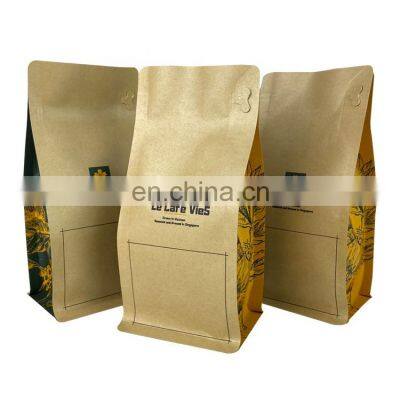 Recyclable stand up pouch flat bottom kraft paper coffee bag with valve