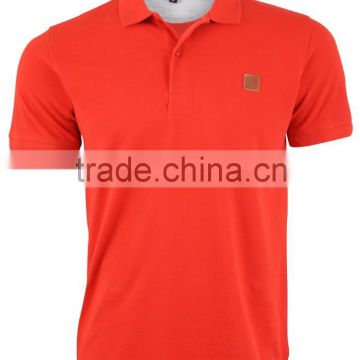 100% Cotton Custom Men Red Polo Shirt with Grey panel inside Neck and Leather Patch at front chest