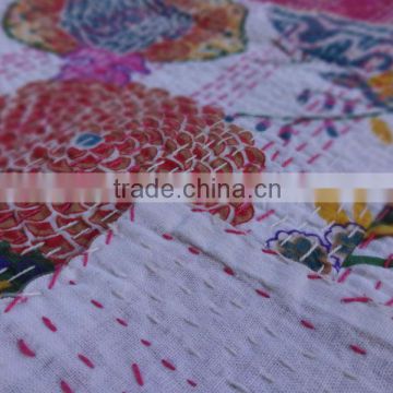 Tropical Kantha Quilt, Handmade Fruit Print Kantha Bedding, Decorative Kantha Work, Indian Cotton Bedspread / Bed Sheet