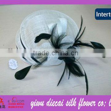 Classic top design feather decorated sinamay church hats