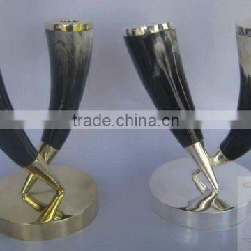 Black and white buffalo horn candle holder with silver plated/Brass base and top. 20cm H
