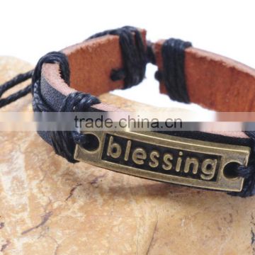 Genuine Leather Bracelet Adjustable with Antique Brass "blessing" Letter Carved Accessory.