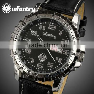 INFANTRY Business Classic Black Leather Date Day Men's Quartz Bracelet Watch