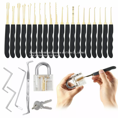 wholesale 24pcs locksmith lock picking set lock pick set lockpicking tools with transparent practice padlock