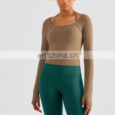 Wholesale Athletic Wear Running Workout Clothes Woman Gym Crop Top Ribbed Built In Bra T-Shirt Fitness Slim Fit Long Sleeve Top
