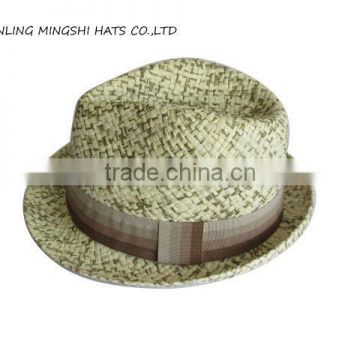 beige with printing brown and striped trim hand-make straw hats for lady