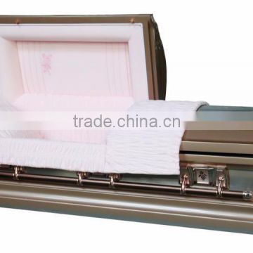 Lacy rose metal casket and coffin with crepe interior