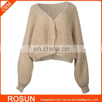 2017 autumn Fashion shallow khaki Color knit V neck T shirts for Women as Cardigan Sweater crop top