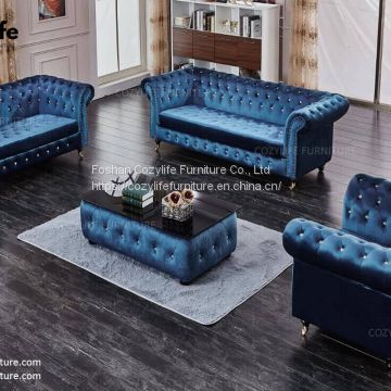 UK hot sale blue velvet chesterfield sofa