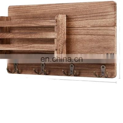 Wooden Rustic Key Holder for Wall with Mail Slot Wood Kitchen Wall Organizer with Hooks and Mail Holder