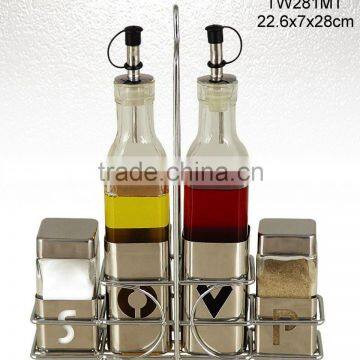 TW281MT 4pcs glass oil vinegar salt and pepper set with metal casing and rack