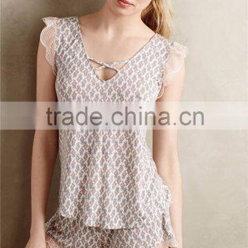 Women leisure frill sleeve V-neck two piece set home clothes, rayon pyjamas SYA15273