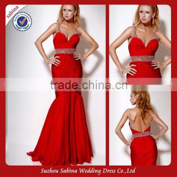 Se36 Red Sexty Spaghetti Strap Mermaid Sequins Chiffon Design Cross Long Evening Dress