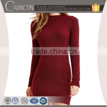 elegent slim fit wine red crew neck long sleeves cable-knit ladies custom knitted dress