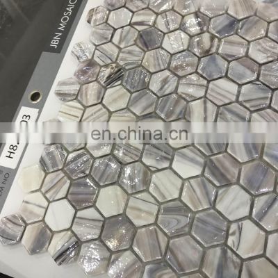 Foshan Hexagon Shape Marble Texture Glass Mosaic Tile White And Grey Color Hot Melting Glass Mosaic Tile