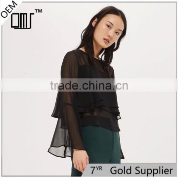 Gorgeous cropped flute crinkle sleeve black semi sheer blouse