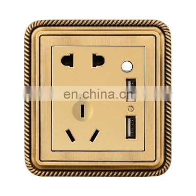 Universal 5 pin Wall Socket With Switch 16A Copper Wire Drawing Panel With USB Sockets And Switches Electrical With LED Light