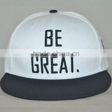 Guangzhou hat factory professional custom 100% cotton / 6 panel/white and black/black embroidery logo/flat brim hat