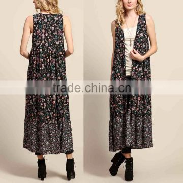 Custom Design Wholesale Clothing Black Floral Sleeveless Ladies Long Vest Women Long Cardigan