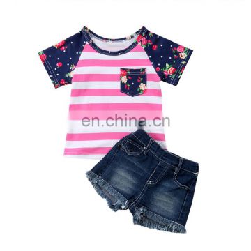 Newborn kid clothing baby girls pink white striped tops flower sleeved t-shirt & jeans denim shorts 2pcs baby clothing set