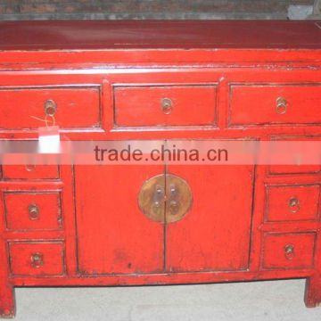 red seven drawer two door cabinet