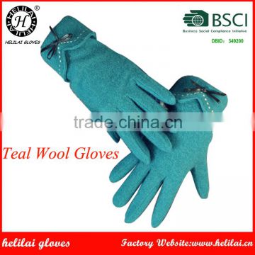 Helilai Factory Ladies Teal Wool Gloves With Bows on the Back Women Wool Gloves