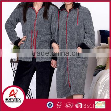 Popular melange yarn grey coral fleece solid zipper bathrobe