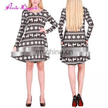 Hot Selling black white Christmas elk snowflakes pockets cute dress for women