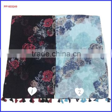 2016 indian rose flower printed blue and red scarf with fringe