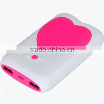 Heart shape cute dual usb power bank 5v 2.1a 1a for lovers and ladies