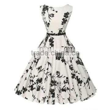 Hot selling Polyester One-piece Dress with belt printed floral white