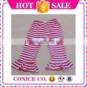 2015 hottest sale red stripe simple ruffle cotton knitted baby girls pants