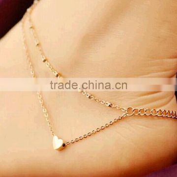 Gold Double Chain Ankle Bracelet Love Heart Beads Anklets Foot Chain