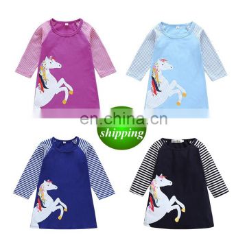 2019 summer new unicorn girls striped sleeved dress 0-9Years 7colors cotton dresses