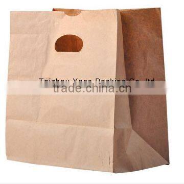 custom printing kraft paper bag, popular patched handle kraft paper take away food bag, new design falt bottom kraft paper bag