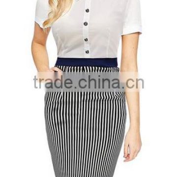 Women's Business Polo Neck Contrast stripe Short SleeveFitted Pencil Dress