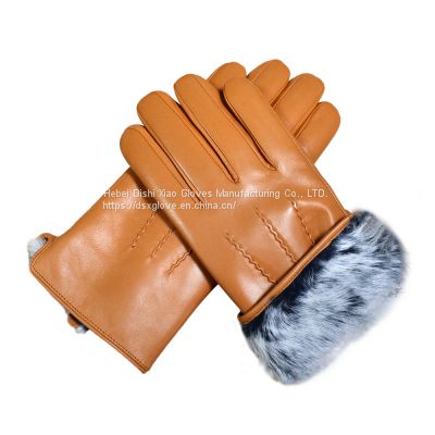 Custom Men Black Winter Warm Waterproof Fashion Sheepskin Leather Gloves With Rabbit Fur Lining