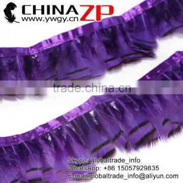 Nice looking chicken plume trim factory wholesale dyed Eggplant and Natural Chukar Partridge Hen Feather ribbon trimmings