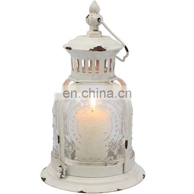 Top 1 New Design Antique Worn White Metal Candle Lantern Rustic French Vintage Candle Lantern For Home Decoration