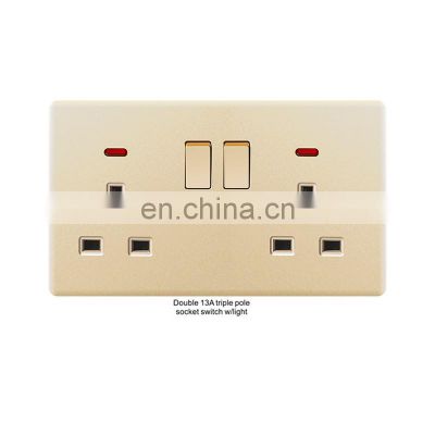 New design golden flame-retardant PC panel double 13A three-pole socket switch with lamp electric wall switch socket
