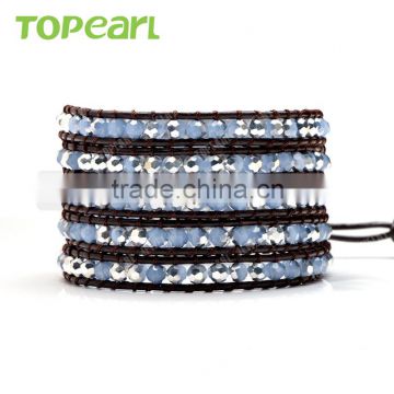 Topearl Jewelry Handmade Mix Color Grey and Blue Crystal Grey 5 Wrap Bracelet 2016 on Black Leather CLL55
