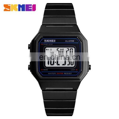 SKMEI 1377 Rectangular Digital Watch Black Stainless Steel Business Alarm Light Display Mens Watches