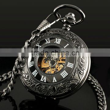 ESS Black Stainless Steel Skeleton Mechanical Pocket Watch WP117