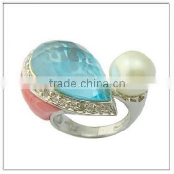 2014 fashion pearl and glass plating rhodium silver ring