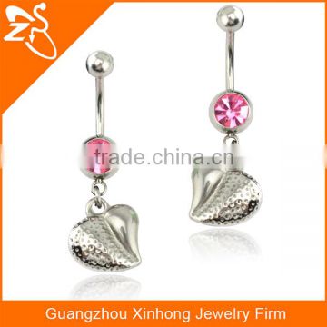Hot Sale Stainless Steel Belly Button Body Piercing Jewelry Navel Rings with Fuchsia Crystal and Charming Heart Dangle