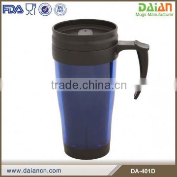 Double wall plastic travel thermos coffee mug with handle