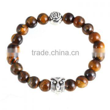 Women men's bangle owl silver alloy natural Tiger stripes stone bead expandable bracelet