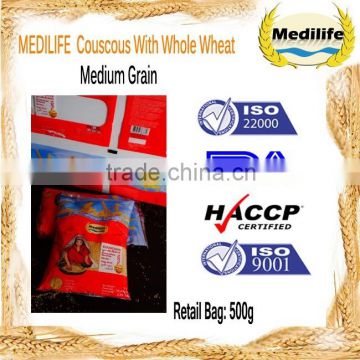 Ultra Premium quality Whole Wheat Couscous. Whole Wheat Couscous FDA Certified. Couscous Medium Grain Bag 500g Kosher Certified.