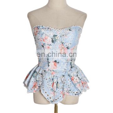 TWOTWINSTYLE Patchwork Lace Print Slash Neck Sleeveless Tunic Ruffles Hollow Out Shirts Female