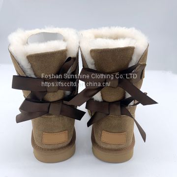 Fashion ladies cute bow design sheepskin baby fur boots kids ribbon boots for snow